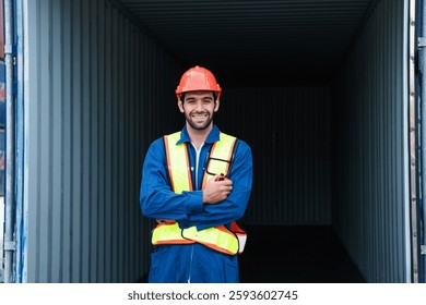 Container yard worker checking container at container yard warehouse.