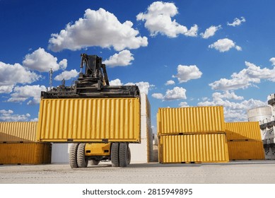 Container yard worker checking container at container yard warehouse. Import and export concept.