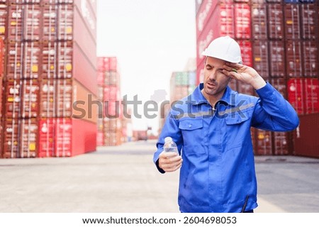 Container yard worker takes a break to drink water from a plastic bottle while working on an extremely hot day. Staying hydrated regularly and sufficiently is essential for workers exposed to the sun.