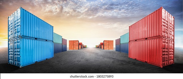Containers box from cargo freight ship in dockyard with copy space and empty ground floor for design cover web, logistics import export business concept