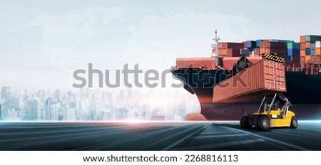 Containers cargo freight ship during discharging at industrial port and handler forklift loading with copy space, Logistics import export background transport industry concept, warehouse distribution