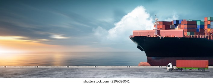 Containers cargo logistics import export transport concept, Big ship in the ocean and container truck at sunset dramatic sky background with copy space, Nautical vessel and sea freight shipping - Shutterstock ID 2196326041