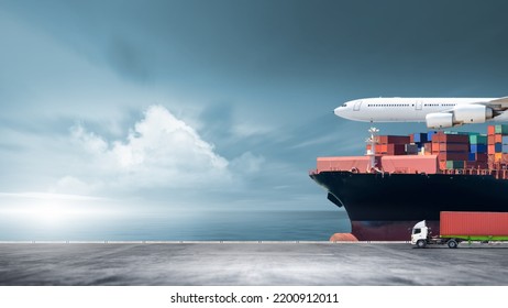 Containers cargo logistics import export transport concept, Big ship in the ocean, Container truck and plane at sunset dramatic sky background with copy space, Nautical vessel and sea freight shipping - Shutterstock ID 2200912011
