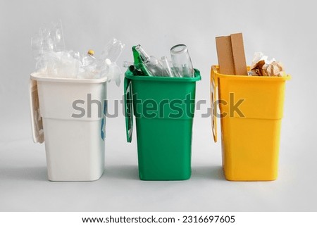 Containers with different types of garbage on light background. Recycling concept