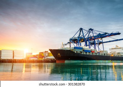 Containers loading by crane in the morning , Trade Port , Shipping - Shutterstock ID 301382870