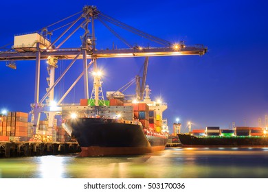 Containers Loading By Crane In The Night , Trade Port , Shipping