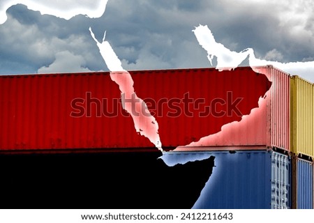 Containers shipping with map of Red Sea and Suez Canal where Houthi attacked