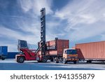 Containers warehouse storage at shipyard loading distribution goods by forklift truck transport delivery export commerce global business.