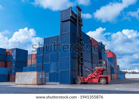 Containers warehouse storage at shipyard loading distribution goods by forklift truck transport delivery export commerce global business.