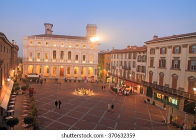 Contarini fountain and old square by night, Bergamo, Italy Bergamo old city on November 15, 2015