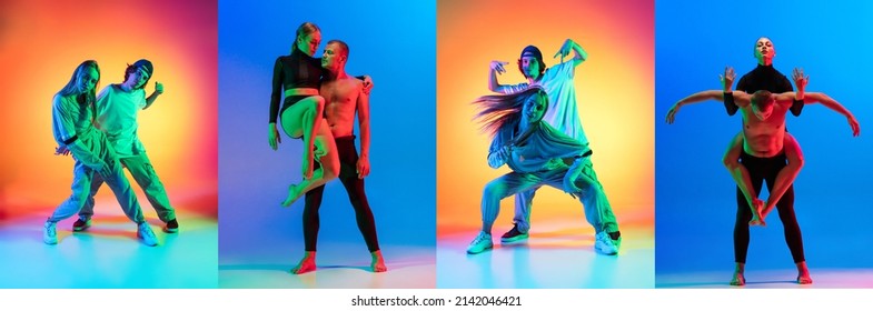 Contemp. Collage With Young Man And Woman, Break Dance Or Hip Hop Dancers Dancing Isolated Over Multicolored Background In Neon. Youth Culture, Movement, Music, Fashion, Action.