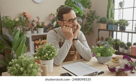 Contemplative middle-aged man with glasses and beard sits among lush potted plants in a sunlit flower shop. - Powered by Shutterstock