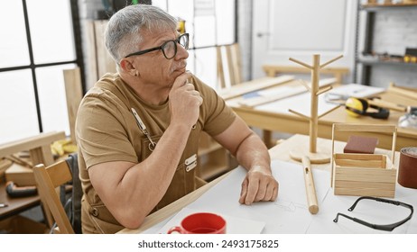 A contemplative middle-aged man with grey hair sketches in a bright carpentry studio, surrounded by tools and wooden items. - Powered by Shutterstock