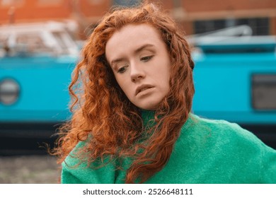 A contemplative moment of a young woman with curly red hair, styled in a green sweater by a vibrant waterfront setting - Powered by Shutterstock