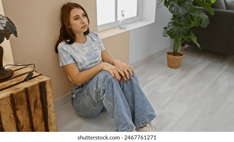 A contemplative young caucasian woman sitting on a wooden floor indoors, with a modern sofa and houseplant background. - Powered by Shutterstock