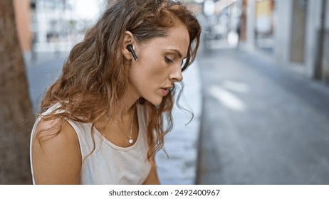 A contemplative young caucasian woman wearing a wireless earpiece on a city street. - Powered by Shutterstock