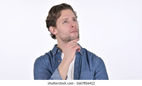 Contemplative Young Man Thinking New Idea on White Background