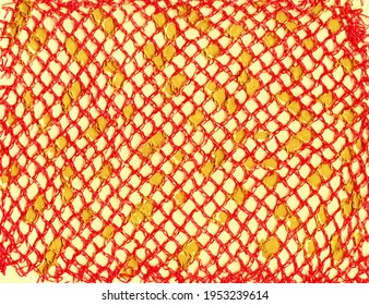 Contemporary abstract art illustration. Red plaid meshy texture and yellow color paint drops. Colorful background expressive impressionist modern painting banner postcard poster. Grungy paper texture