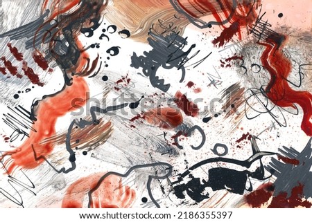 Contemporary abstract expressionism designed on canvas with paint stains, acrylic markers, watercolor streaks and splatter paint. Modern art. Can be used as background, wall print or poster.