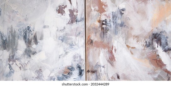 Contemporary abstract paintings. Closeup view of two colorful paintings with contrasting color palette and beautiful brushwork texture.