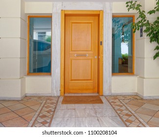 Contemporary Apartment Building Entrance Wooden Door, Athens Greece