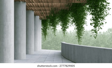 A contemporary architectural space featuring large concrete columns, a wooden ceiling, and lush green plants cascading down.