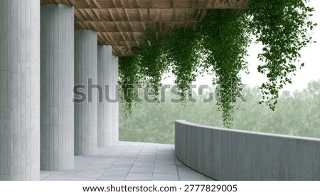 A contemporary architectural space featuring large concrete columns, a wooden ceiling, and lush green plants cascading down.