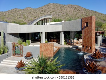 Contemporary architectural style luxury home exterior, elevated view