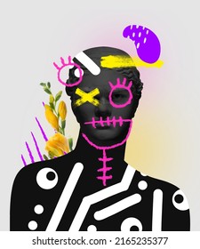 Contemporary art collage with antique black colored statue bust with neon drawings. Male eyes element. Changing classic art into modern vision. Concept of creativity, surrealism, inspiration - Shutterstock ID 2165235377