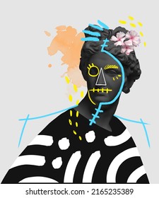 Contemporary art collage and antique black colored statue bust and neon drawings  Surreal style  Colorful splashes  Postmodernism  Concept sculpture artwork  creativity  party