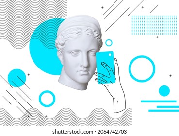 Contemporary art collage with antique statue head in a surreal style and linear style hand holding a smartphone. Hand drawn bright trendy illustration - Shutterstock ID 2064742703