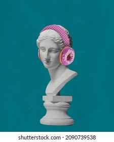 Contemporary art collage antique statue bust in modern pink headphones with donut element isolated over green background. Concept of art, music, creativity, imagination. Copy space for ad