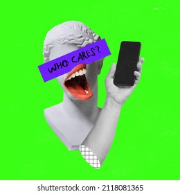 Contemporary art collage with antique statue bust in a surreal style with female mouth and phone isolated on neon green background. Concept of moder art, minimalism, magazine style. Copy space for ad.