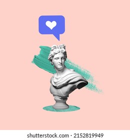 Contemporary art collage. Antique statue bust with like icon isolated over pink background. Modern design. Concept of social media addiction, popularity, influence, modern lifestyle and ad