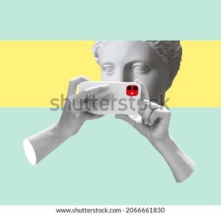 Contemporary art collage with antique statue head in a surreal style and hands holding a smartphone. Modern conceptual art poster 