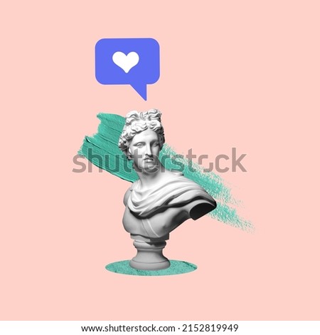 Contemporary art collage. Antique statue bust with like icon isolated over pink background. Modern design. Concept of social media addiction, popularity, influence, modern lifestyle and ad