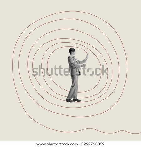 Contemporary art collage. Arranging thoughts. Young man drawing circle lines around himself. Organizing inner flow of ideas. Concept of psychology, inner world, mental health, feelings. Conceptual art [[stock_photo]] © 