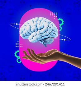 Contemporary art collage. artificial intelligence. Hand holding brain against vibrant blue background with mechanical gears. Concept of technology progress and science discoveries. Futuristic artwork.
