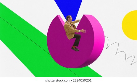 Contemporary art collage with astonished shocked mature man riding on huge 3D geometric element. Concept of business, personal career, ad, sales, achievement. Colorful minimalism - Powered by Shutterstock