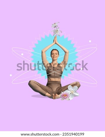 Contemporary art collage. Attractive, young woman dressed sporty sitting in lotus pose of yoga with raising hand with flowers and drawing elements. Concept of women's health, lifestyle, wellness. ad
