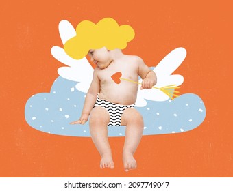 Contemporary Art Collage Of Baby Boy, Little Love Cupid Sittingon Clod And Sending Love Isolated Over Orane Background. Happy St. Valentine's Day. Concept Of Holiday, Childhood, Ad