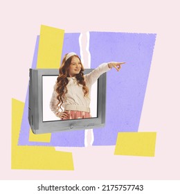 Contemporary Art Collage. Beautiful Red-haired Girl Sticking Out TV Screen And Making Performance. TV Show Programme. Concept Of Creativity, Media Influence, News. Copy Space For Ad. Retro Design