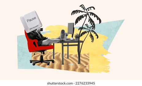 Contemporary art collage. Being on pause. Man, freelancer sitting at table around illusion palms and resting. Concept of surrealism, vacation, modern technologies, imagination and inspiration