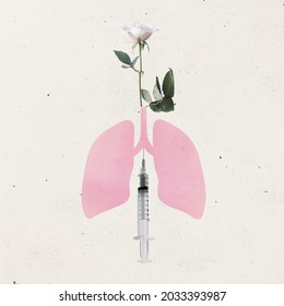 Contemporary art collage of blooming lungs after vaccination. Beautiful flower appearing from human lungs after medical treatment. Keeping healthy. Concept of healthcare, vaccination. safety, life, ad