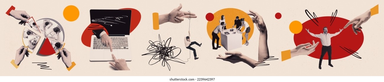 Contemporary art collage. Business icons of working process in the company. Teamwork, achievements, strategy. Concept of creativity, business, career development. Working routine. Startup