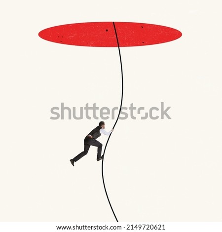 Contemporary art collage. Businessman, ambitious employee climbing up the rope, seizing important opportunity. Maintaining professional growth. Concept of business, career development, motivation, ad