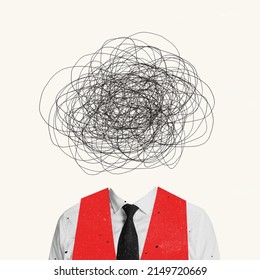 Contemporary art collage. Businessman with chaotic drawings instead head symbolizing active ideas generation, thoughtful look. Professional chaos. Concept of information, success, ideas, growth