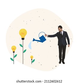 Contemporary art collage. Businessman, employee watering flowers symbolizing new business ideas. Motivation to work, new directions. Concept of professional growth, career, success, artwork