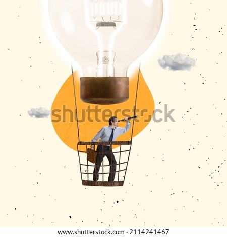 Contemporary art collage. Businessman flying on hot air balloon and looking in telescope symbolizing future successful deal, invention. Concept of business, promotion, growth, inspiration, development