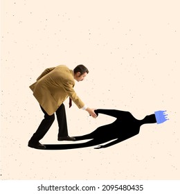 Contemporary art collage of businessman holding hand of his shadow and helping it to stand up. Relying on yourself. Concept of self help, assistance, self-motivation, self-development and ad